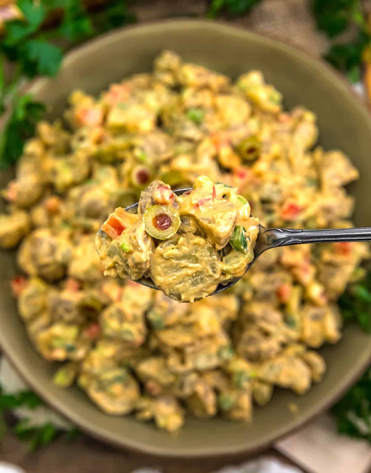 Spoonful of Vegan Spanish Pimento Olive Potato Salad