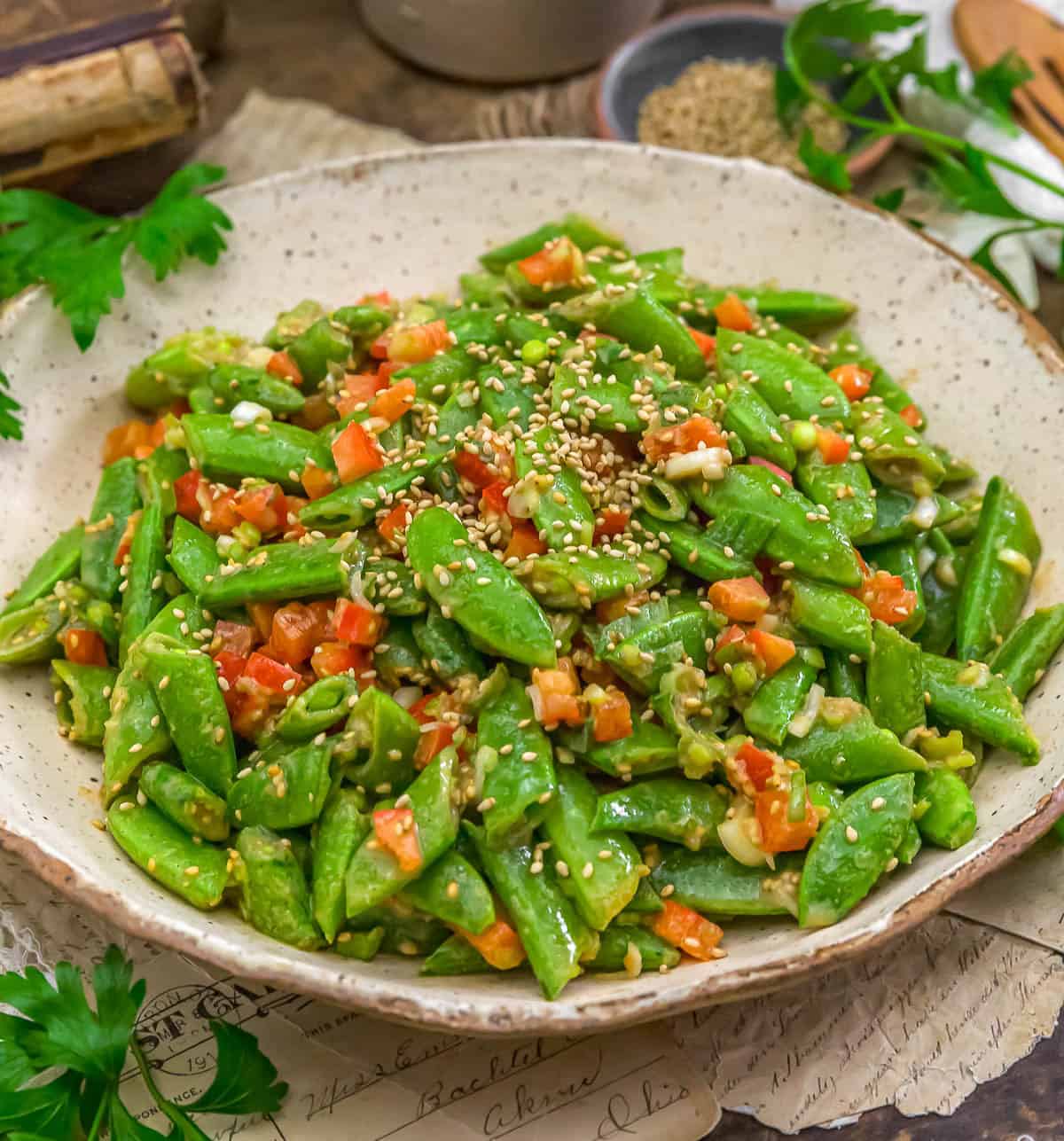 Close up of Asian Snap Pea Salad