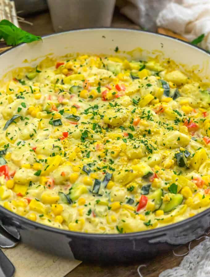 Close up of Creamy Summer Squash Gnocchi Skillet