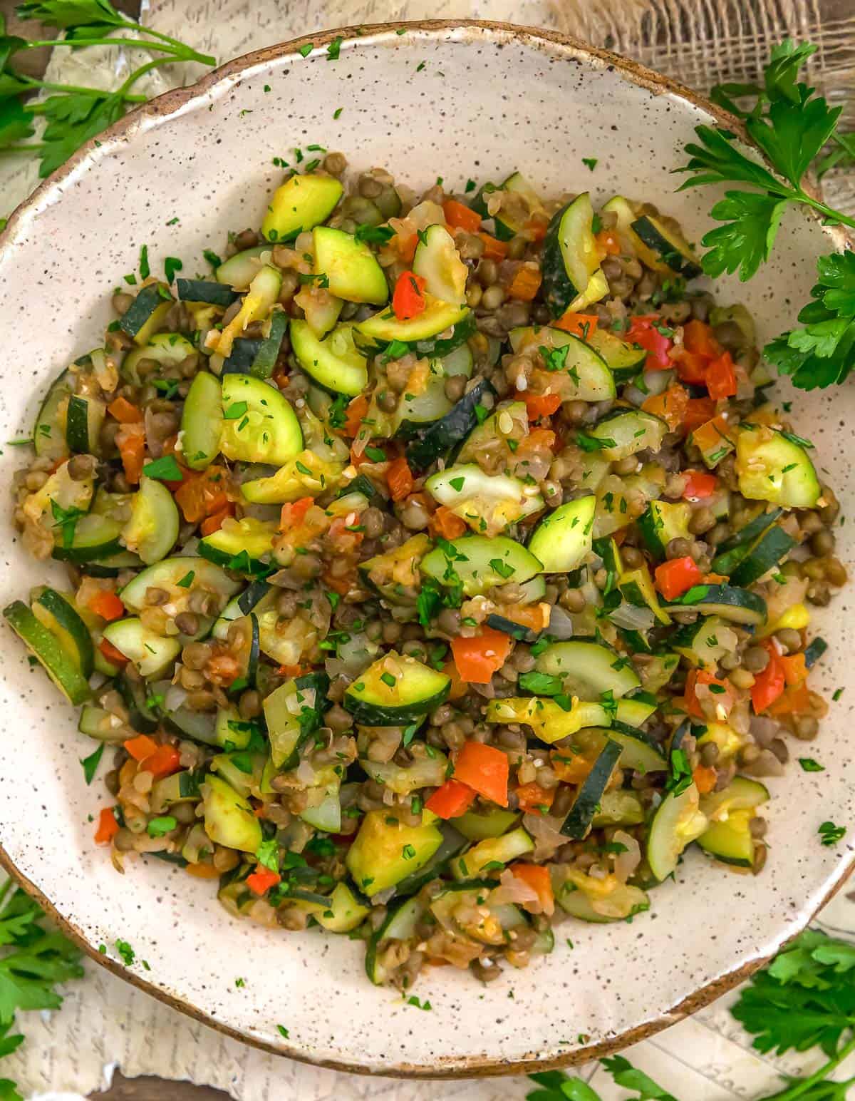 Bowl of Easy Zucchini Lentil Skillet