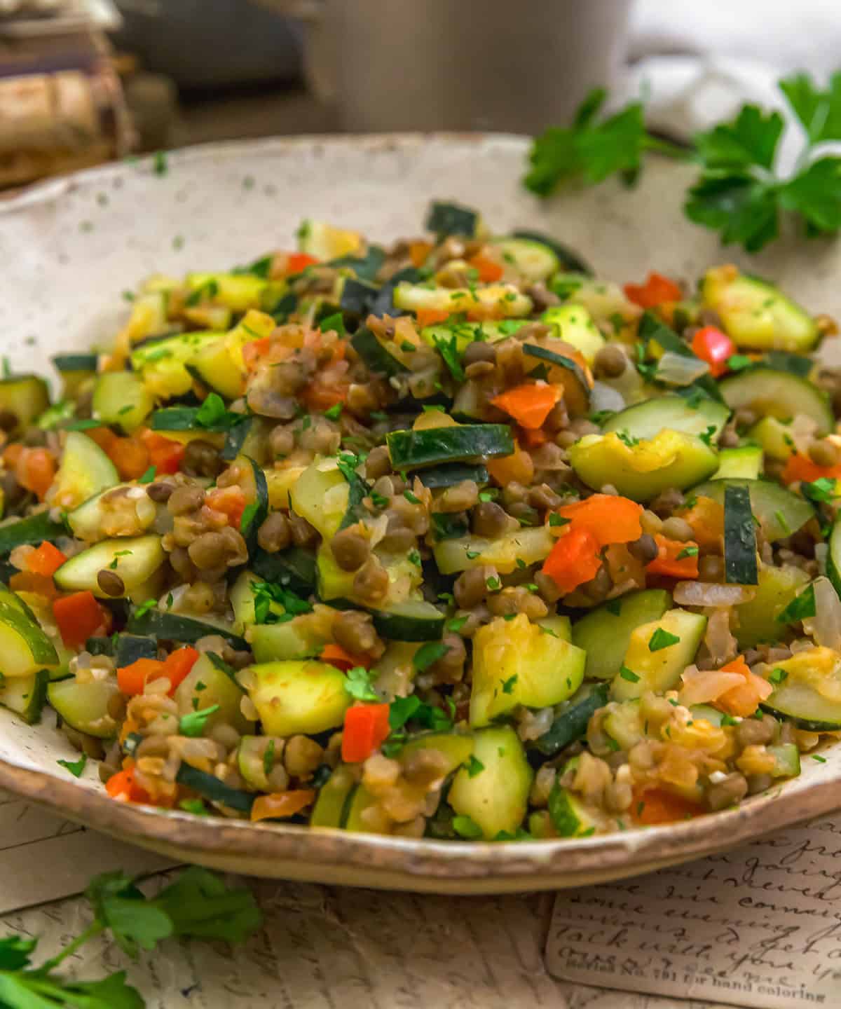 Close up of Easy Zucchini Lentil Skillet