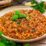 Close up of Italian Fregola-Style (Sardinian) Pasta Skillet