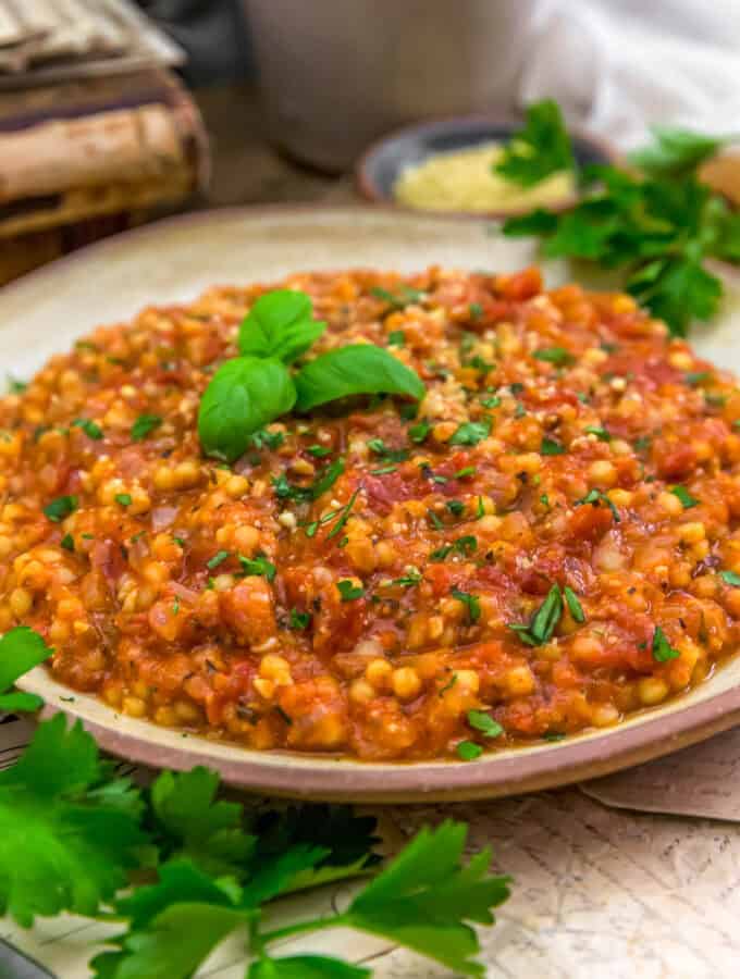 Close up of Italian Fregola-Style (Sardinian) Pasta Skillet