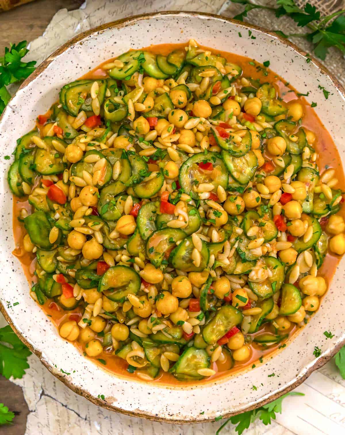Bowl of Thai Curry Cucumber Orzo Salad