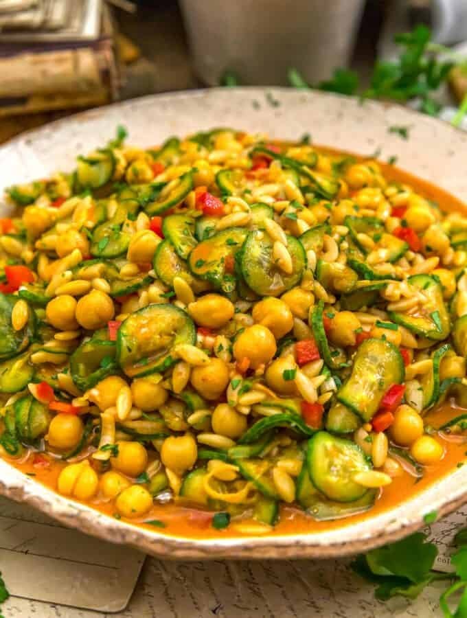 Close up of Thai Curry Cucumber Orzo Salad