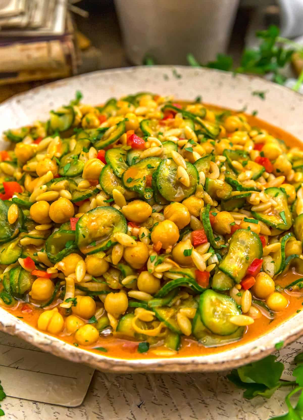 Close up of Thai Curry Cucumber Orzo Salad