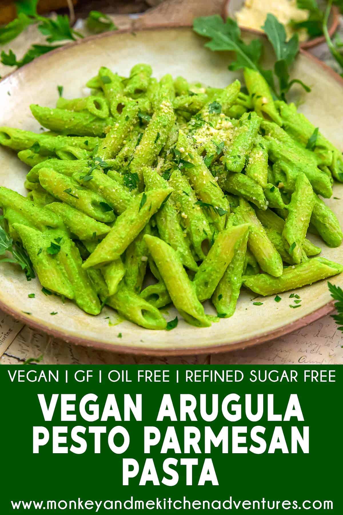 Vegan Arugula Pesto Parmesan Pasta with text description
