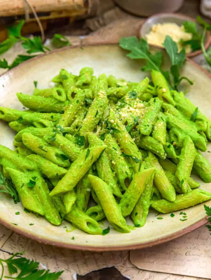 Close up of Vegan Arugula Pesto Parmesan Pasta