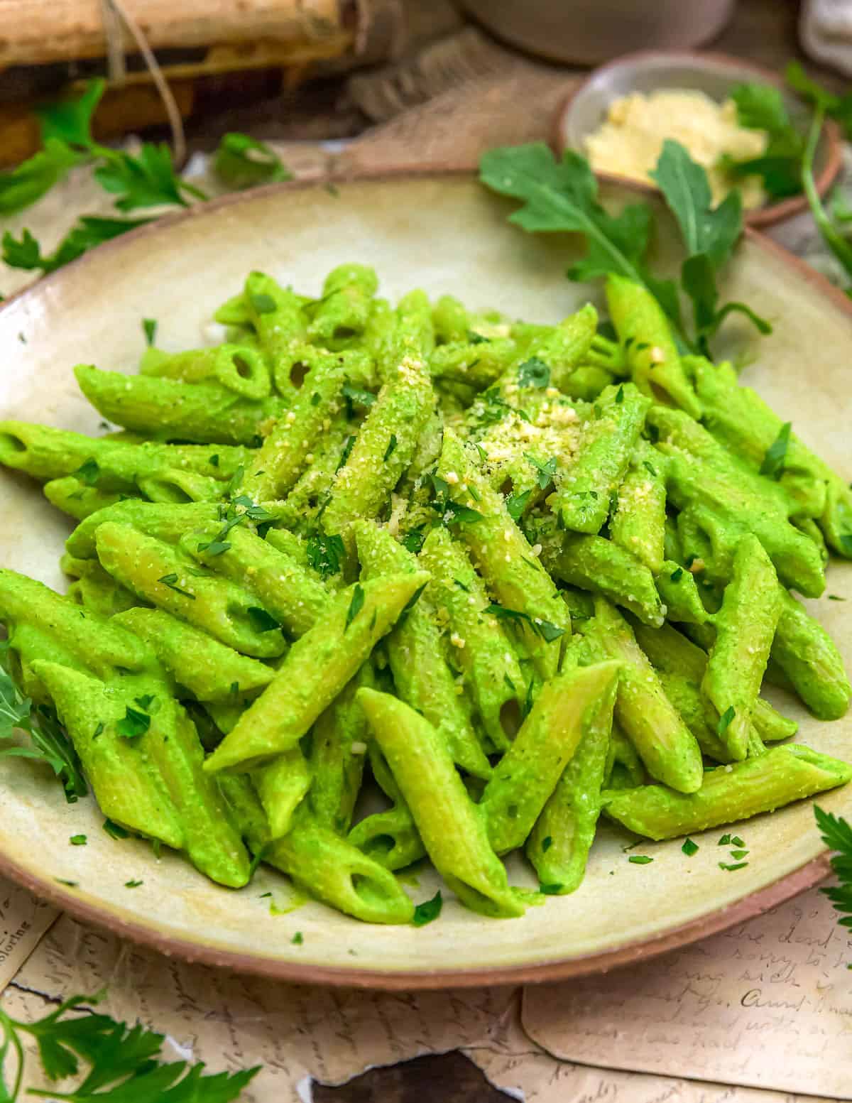 Close up of Vegan Arugula Pesto Parmesan Pasta