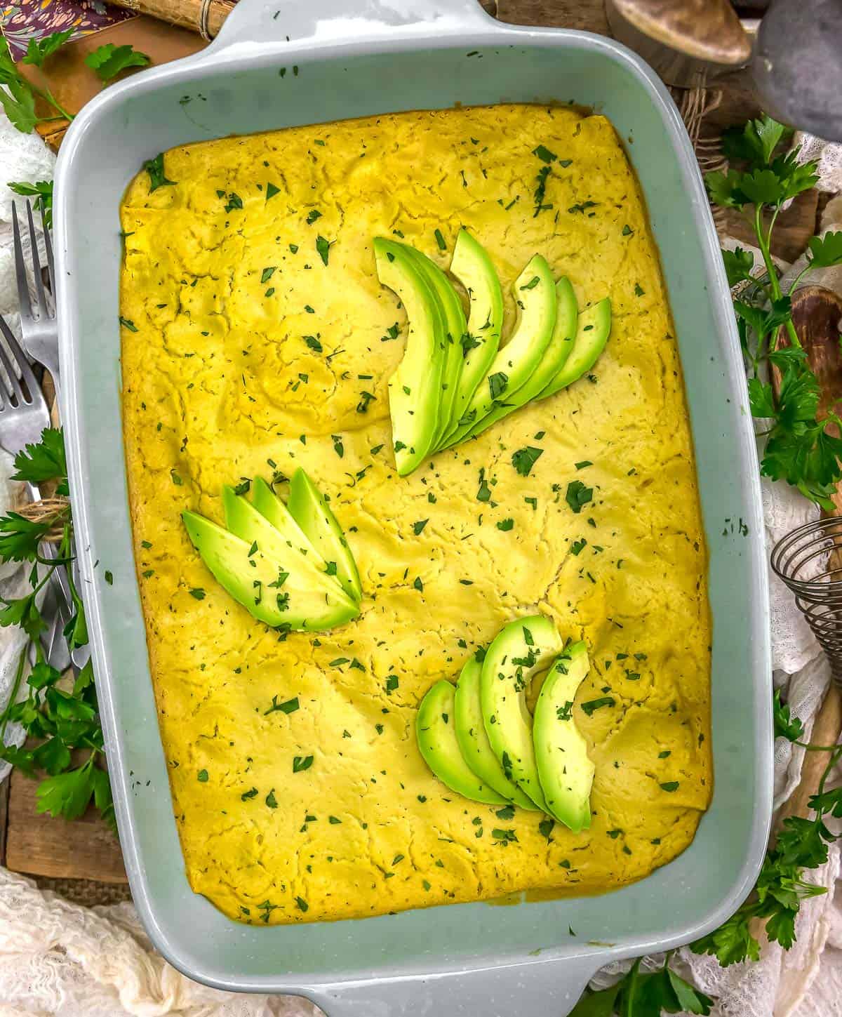 Zucchini Corn Tortilla Bake in a casserole pan