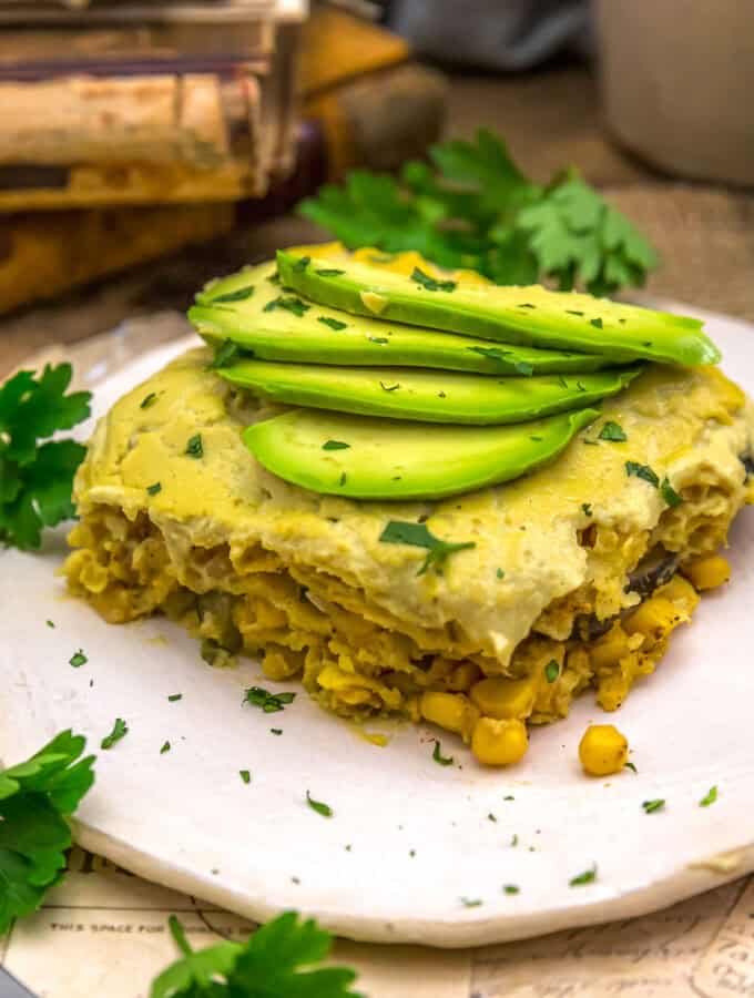 Close up of Zucchini Corn Tortilla Bake