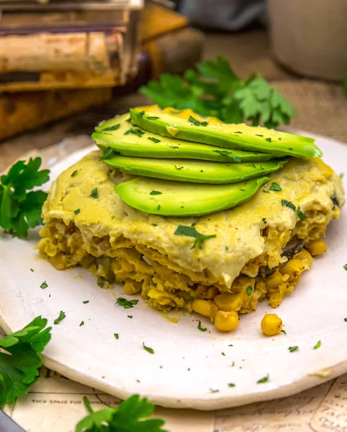 Close up of Zucchini Corn Tortilla Bake