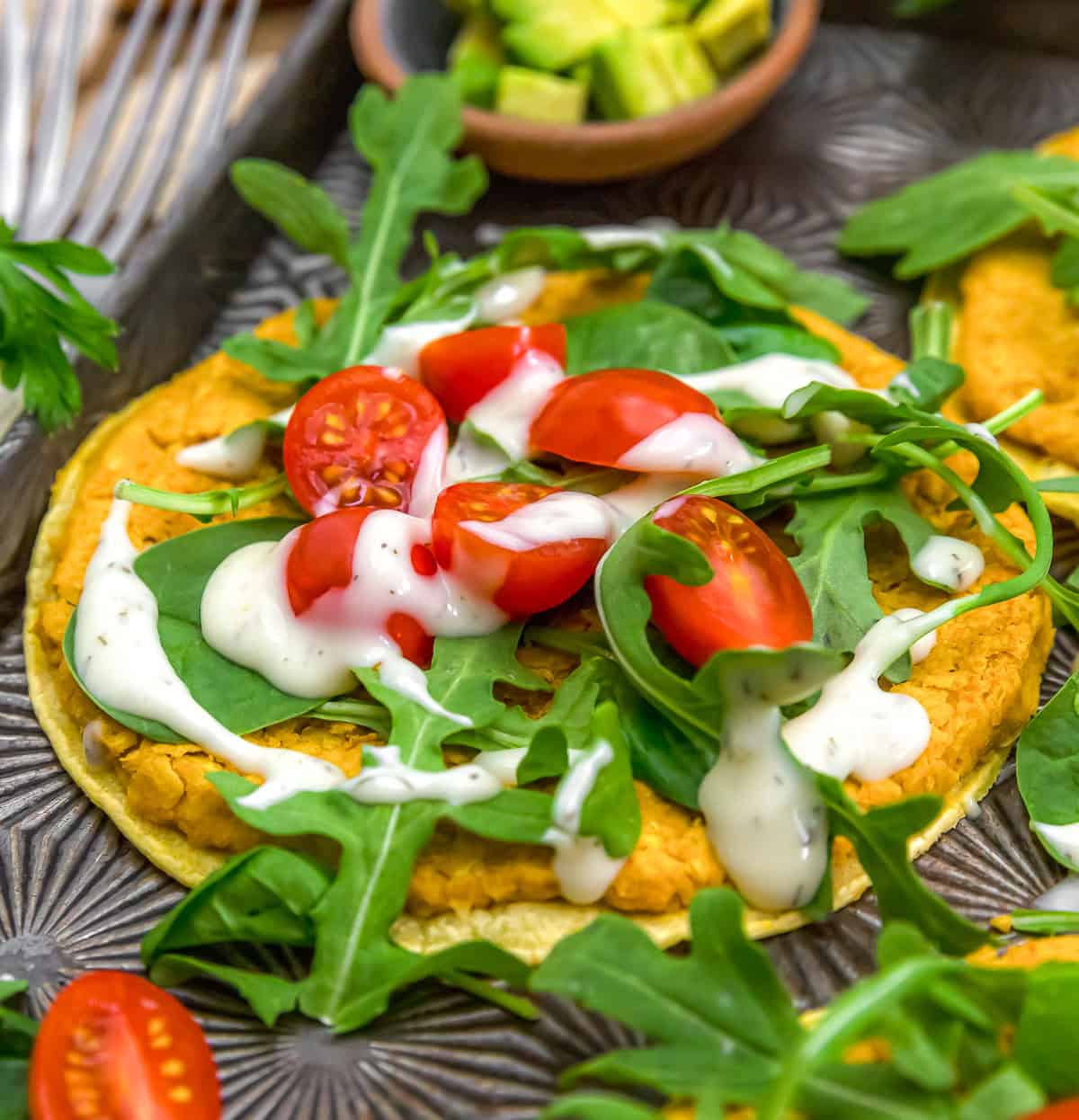 Close up of Easy Smashed Buffalo Tacos with ranch dressing
