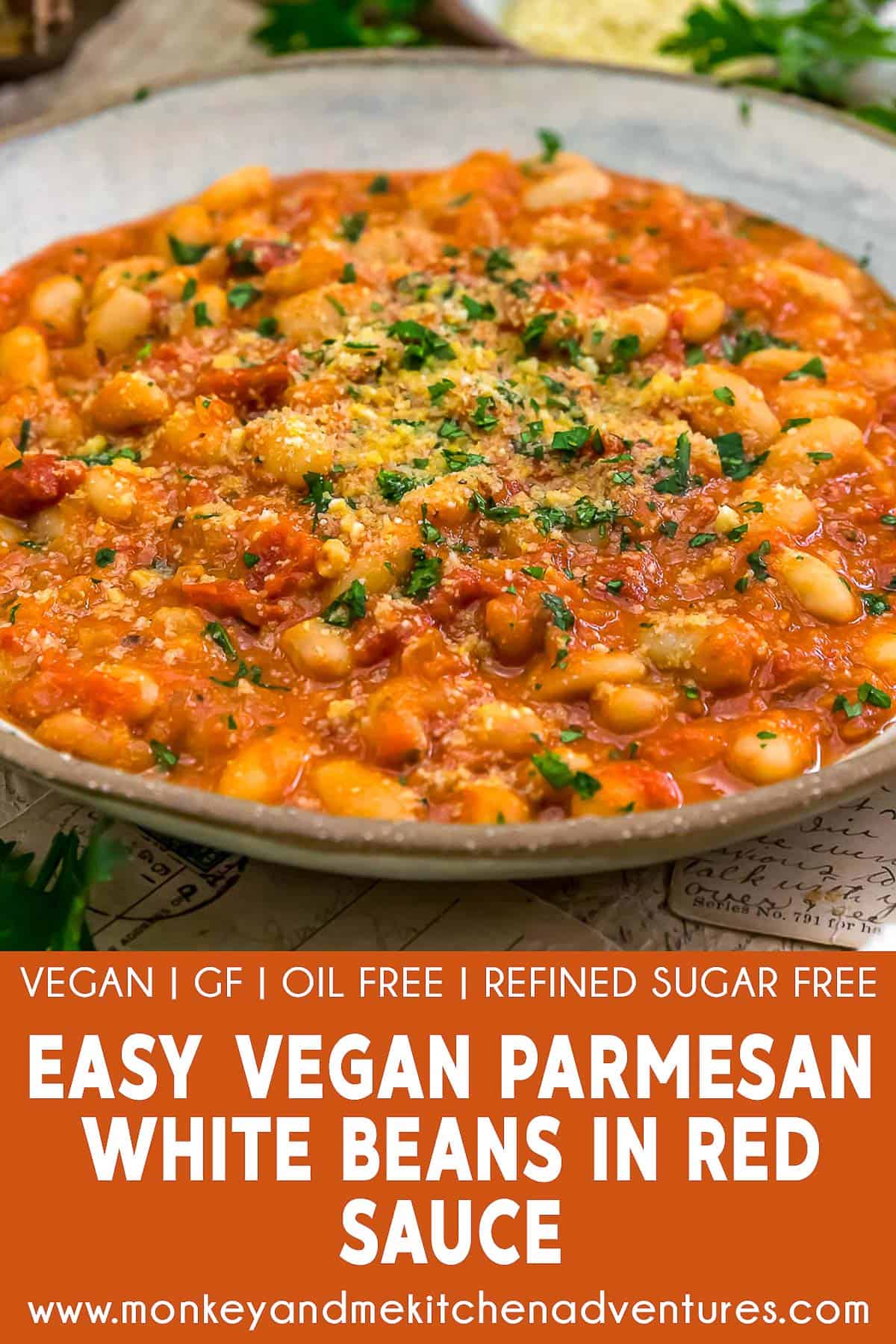 Easy Vegan Parmesan White Beans in Red Sauce with text description