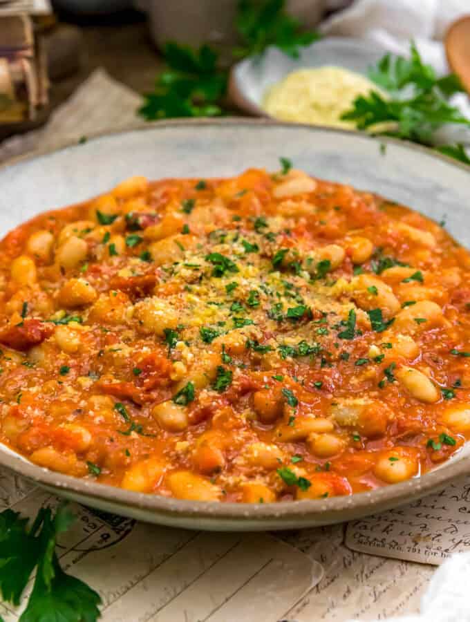 Close up of Easy Vegan Parmesan White Beans in Red Sauce