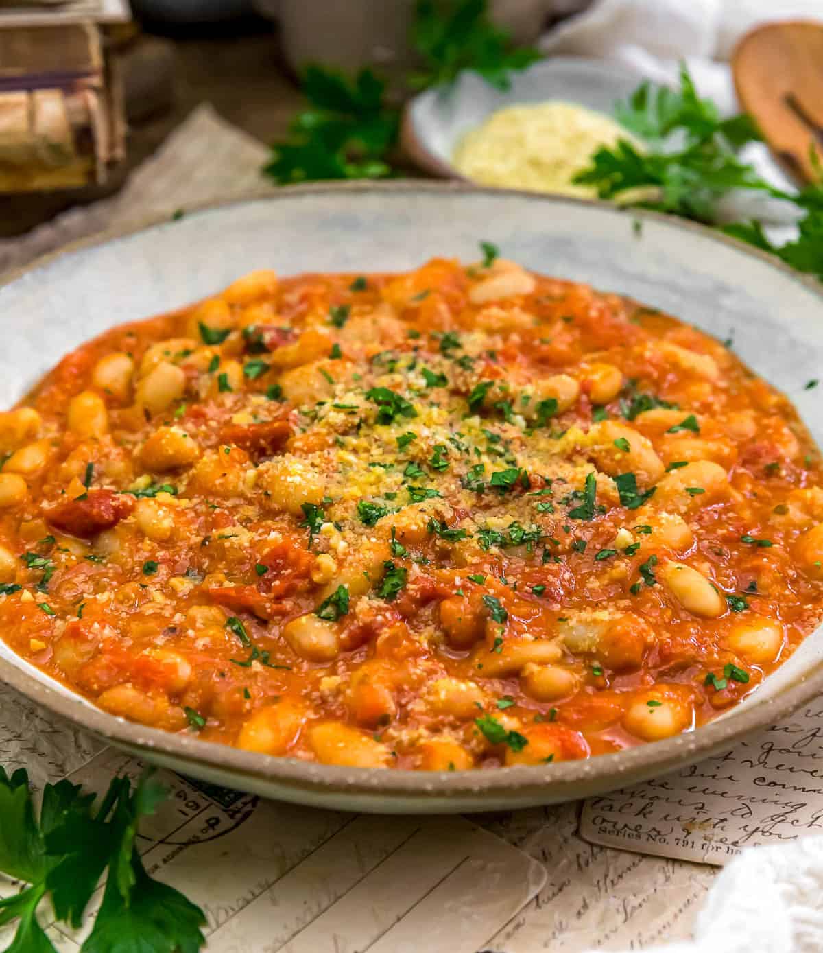 Close up of Easy Vegan Parmesan White Beans in Red Sauce