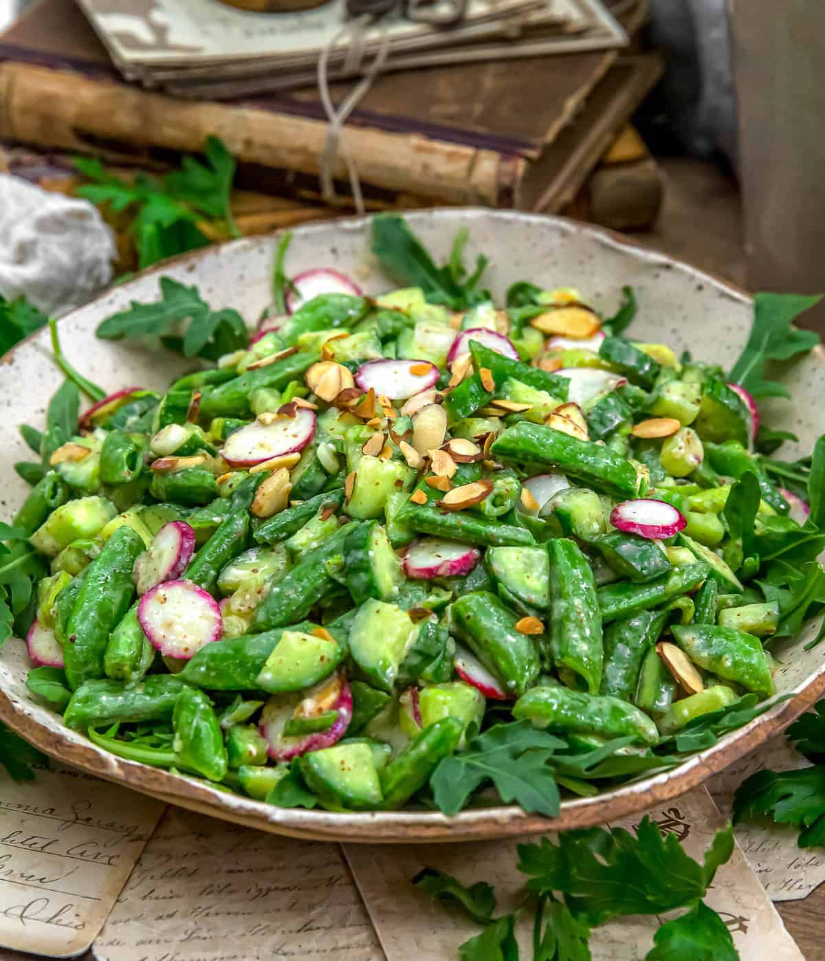 Close up of French Snap Pea Cucumber Salad