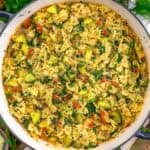 Tablescape with Vegan Parmesan Zucchini Spinach Pasta Skillet