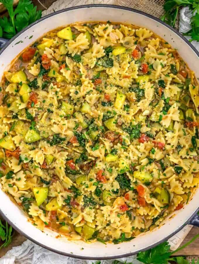 Tablescape with Vegan Parmesan Zucchini Spinach Pasta Skillet