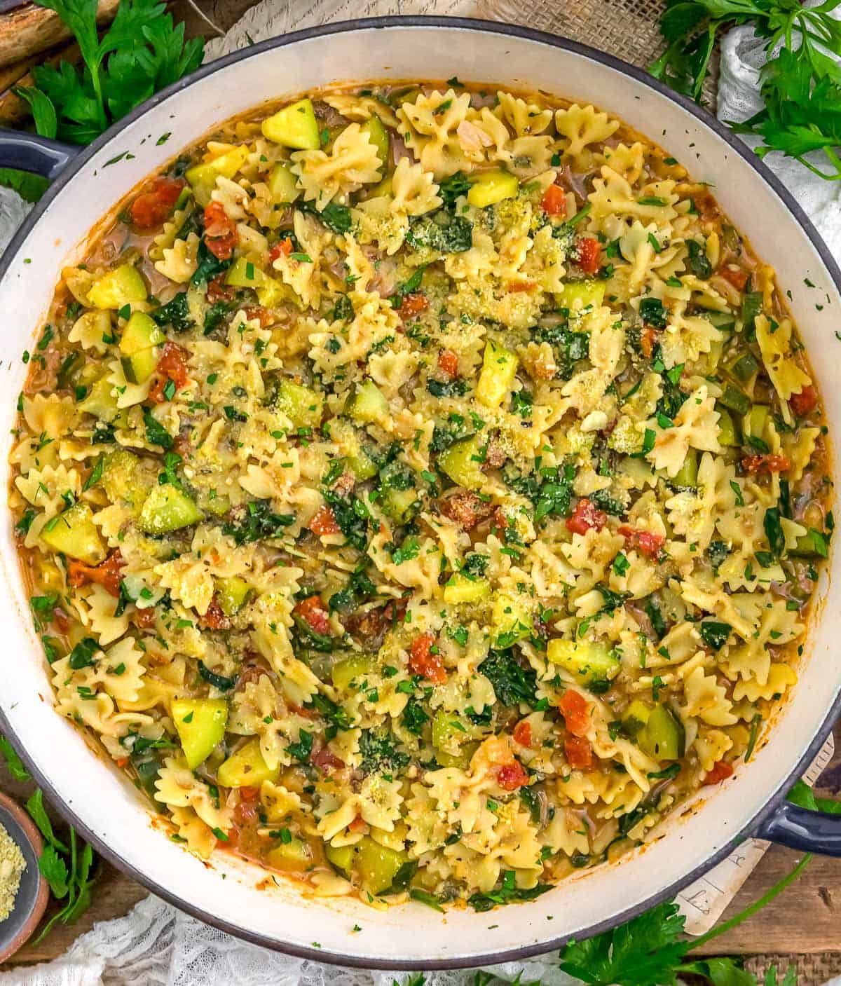 Tablescape with Vegan Parmesan Zucchini Spinach Pasta Skillet