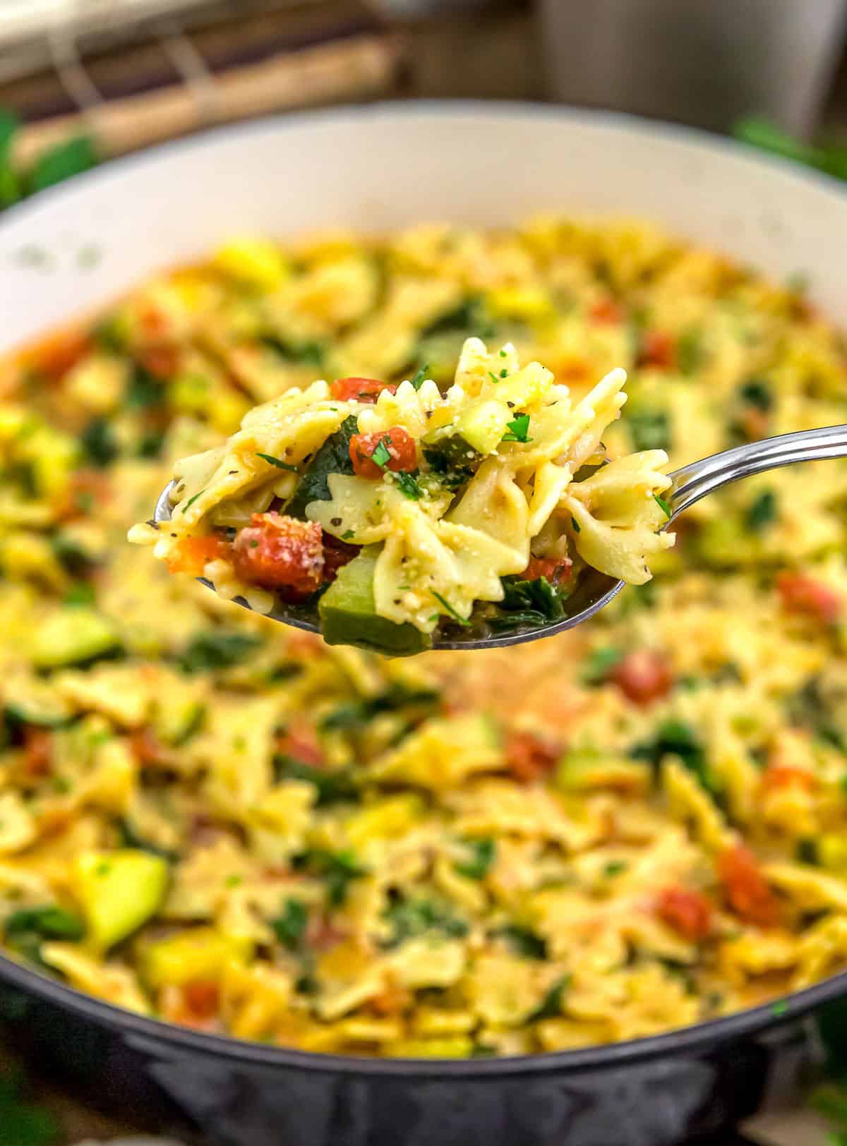 Spoonful of Vegan Parmesan Zucchini Spinach Pasta Skillet