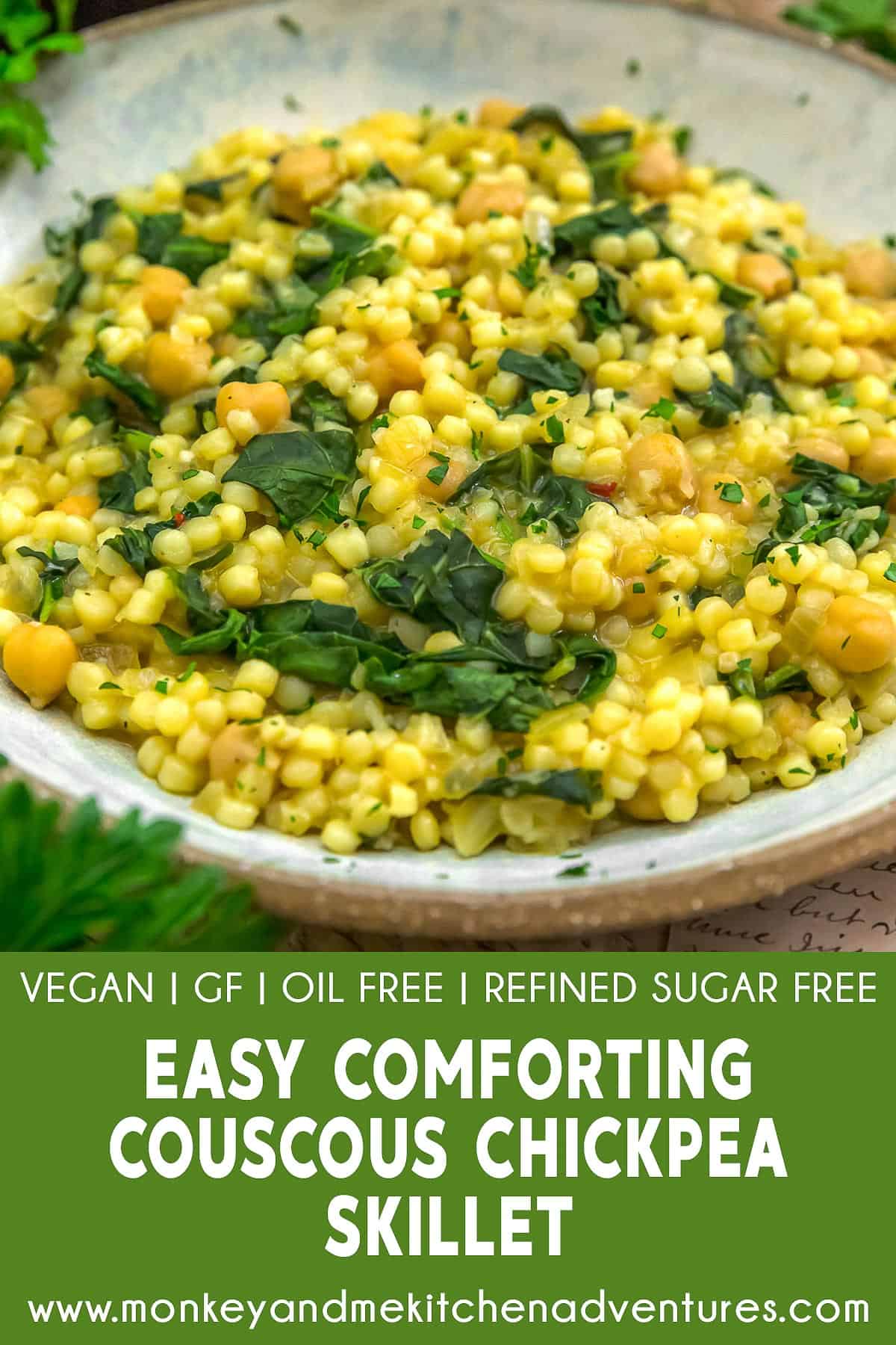 Easy Comforting Couscous Chickpea Skillet with text description