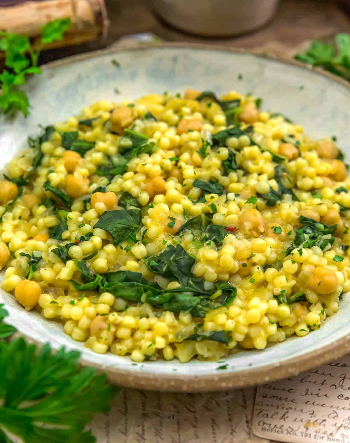 Close up of Easy Comforting Couscous Chickpea Skillet