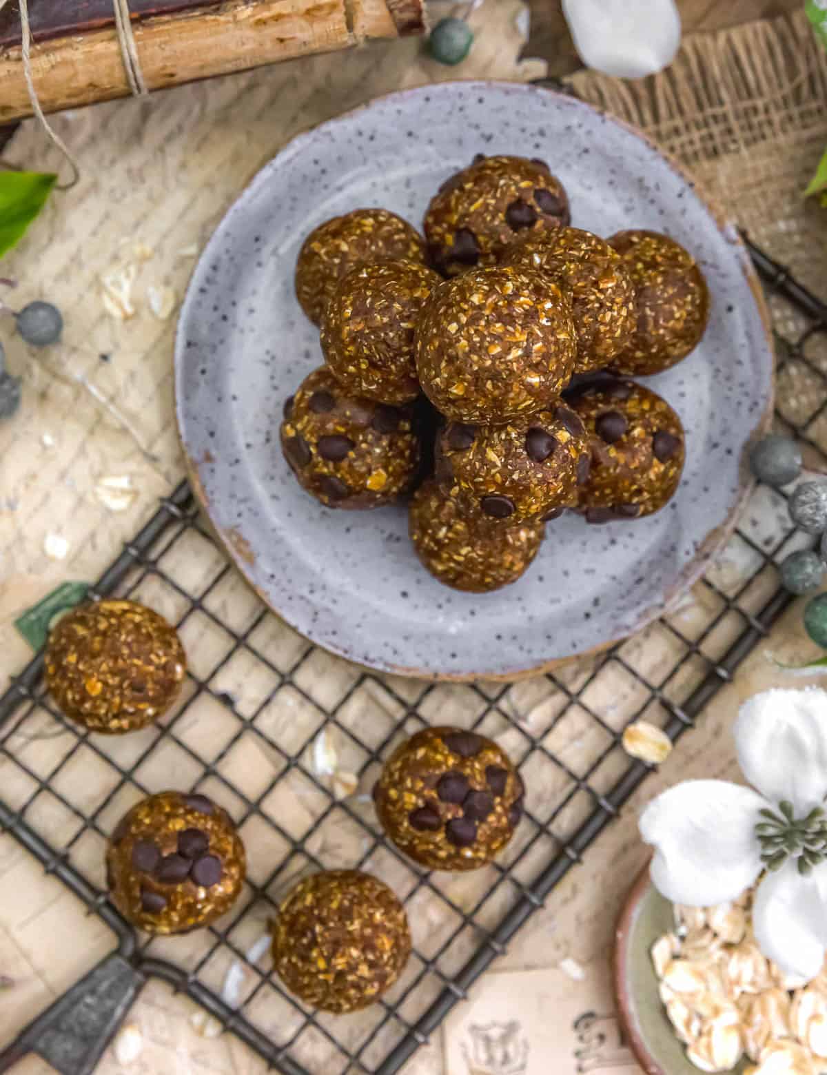 Tablescape of Healthy Vegan Date Caramel Macchiato Energy Balls