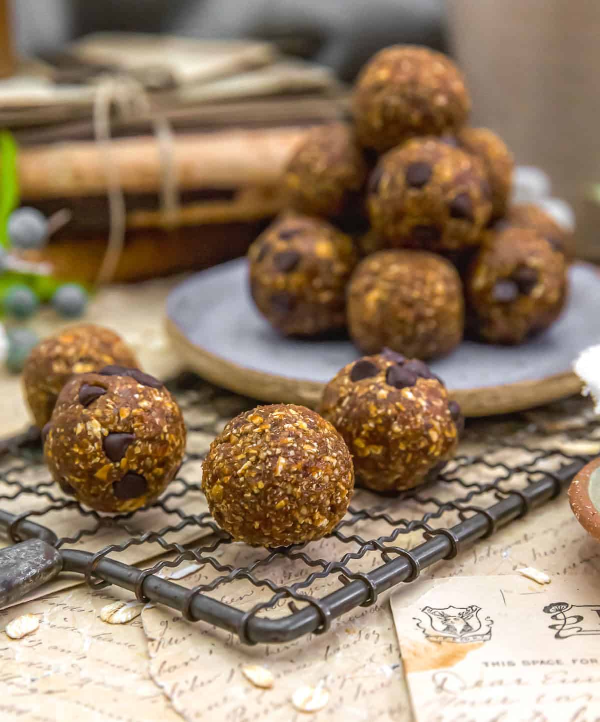 Healthy Vegan Date Caramel Macchiato Energy Balls on a rack