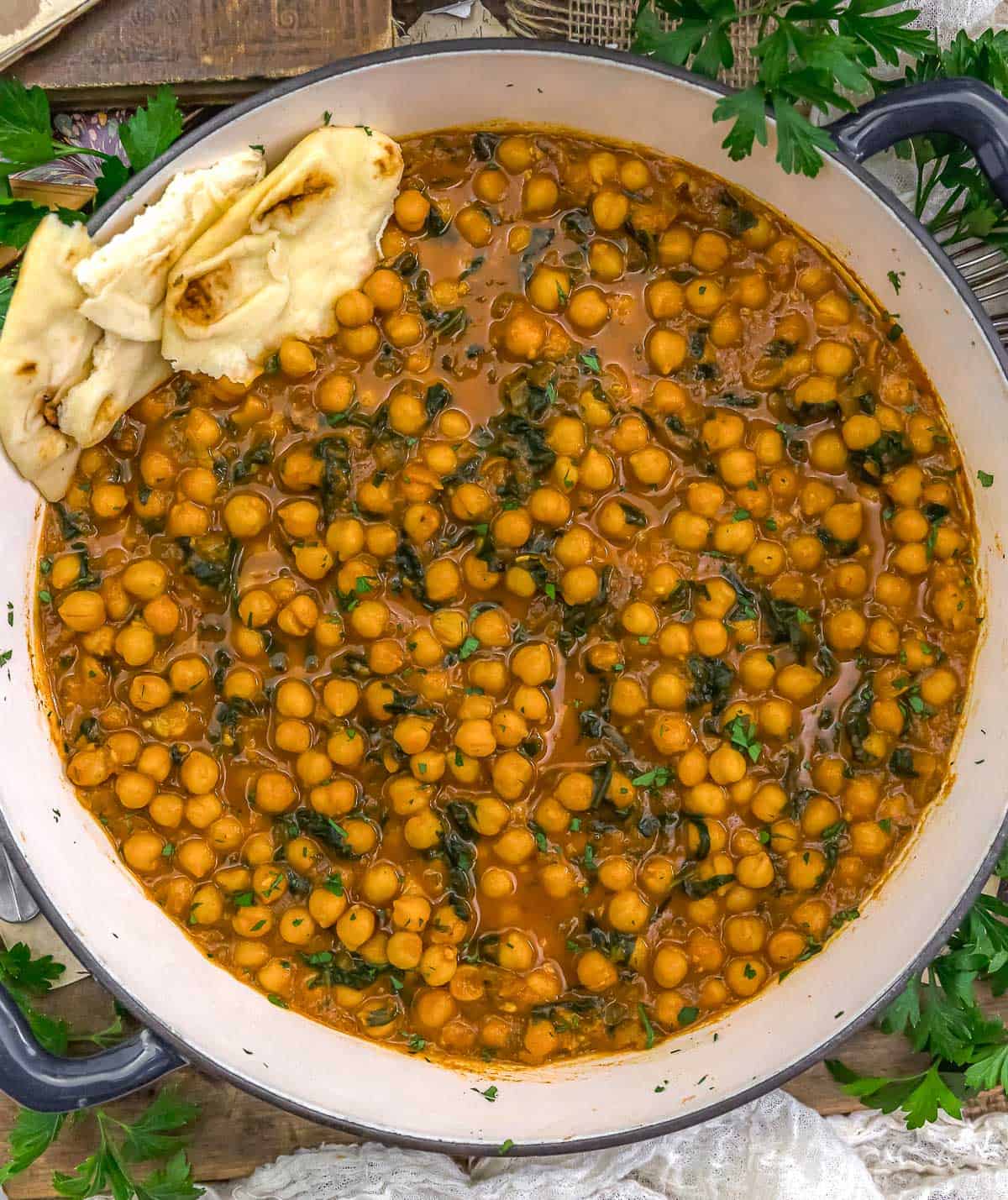 Moroccan Chickpea Spinach Skillet with bread