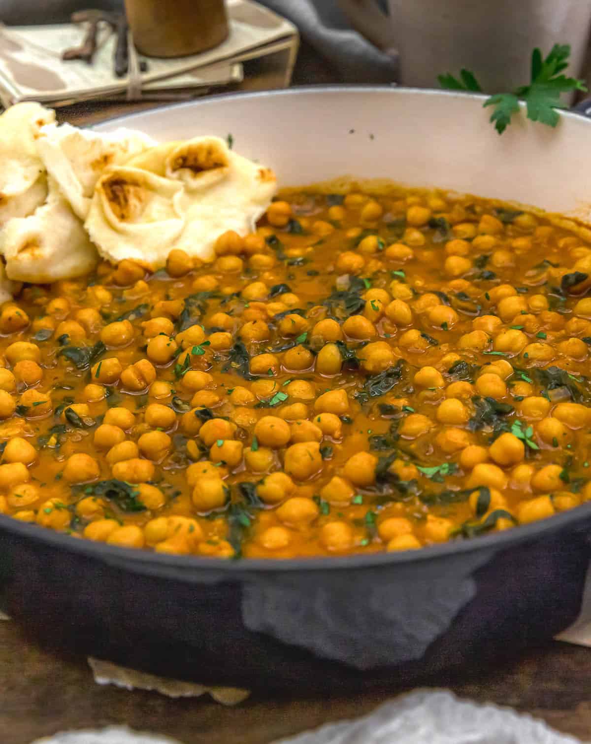 Close up of Moroccan Chickpea Spinach Skillet