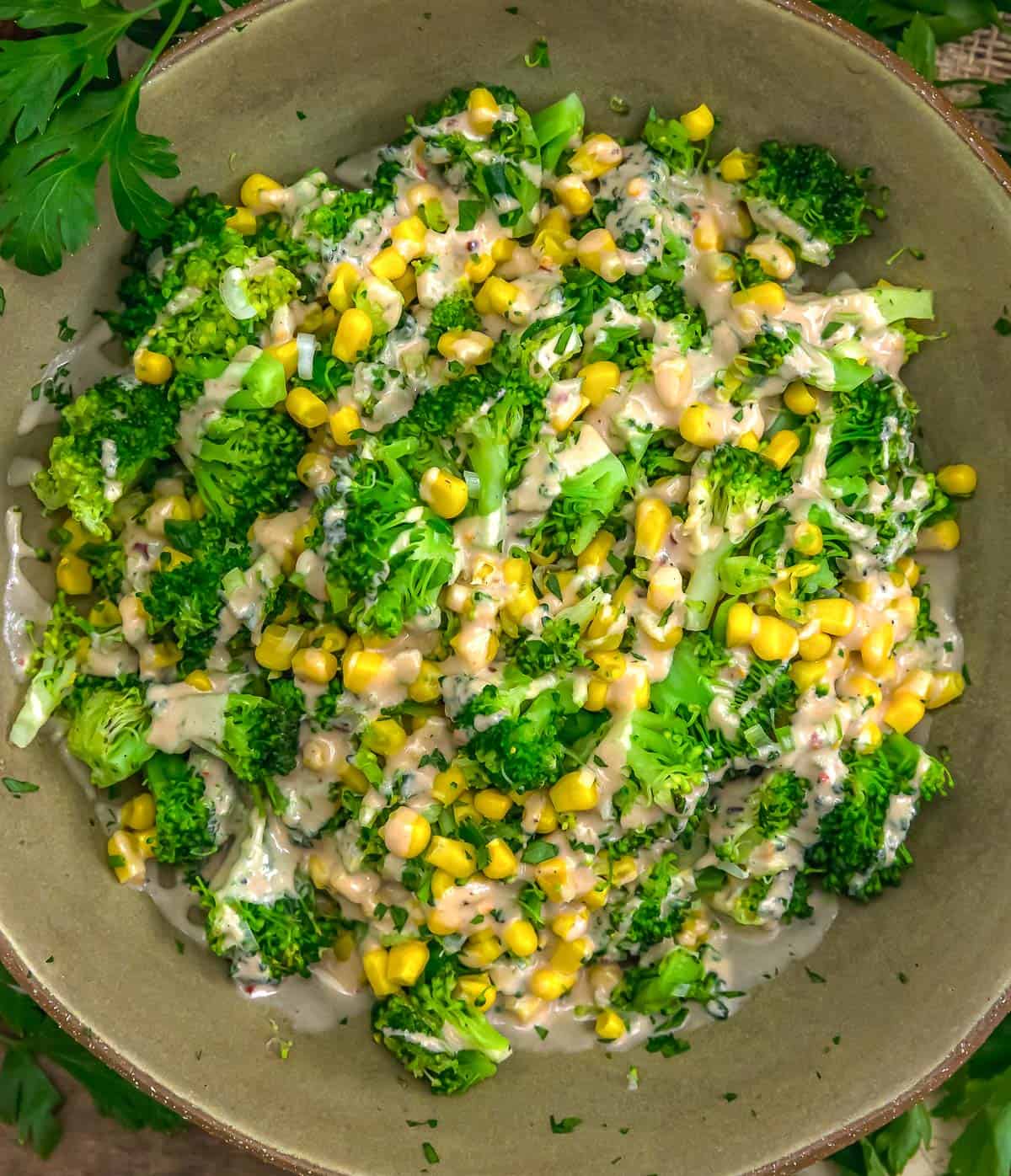Bowl of Spicy Tahini Broccoli and Corn
