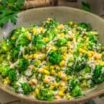 Close up of Spicy Tahini Broccoli and Corn