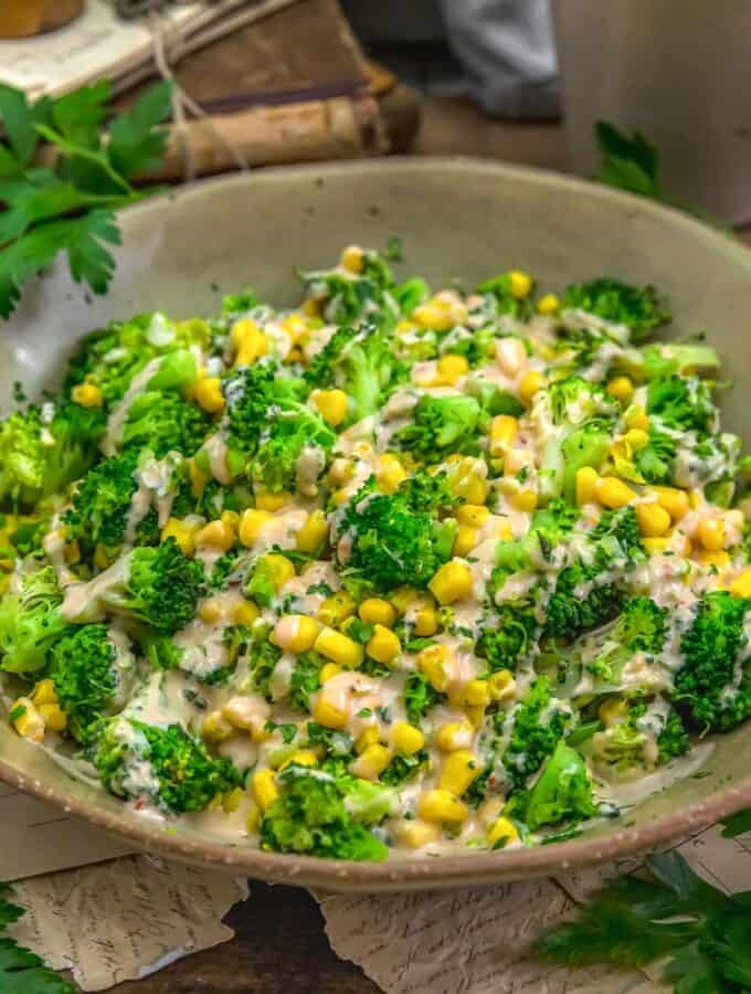 Close up of Spicy Tahini Broccoli and Corn