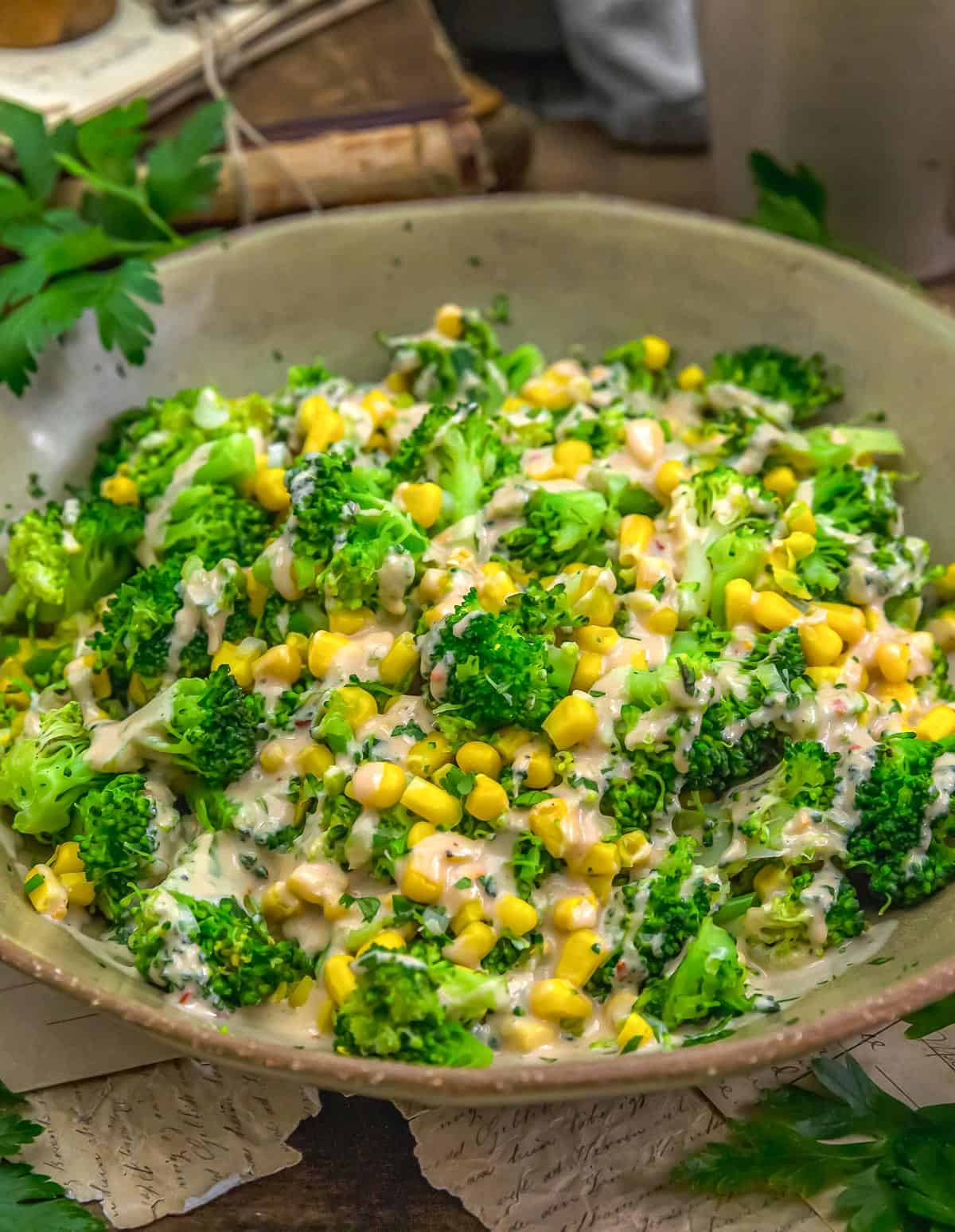 Close up of Spicy Tahini Broccoli and Corn