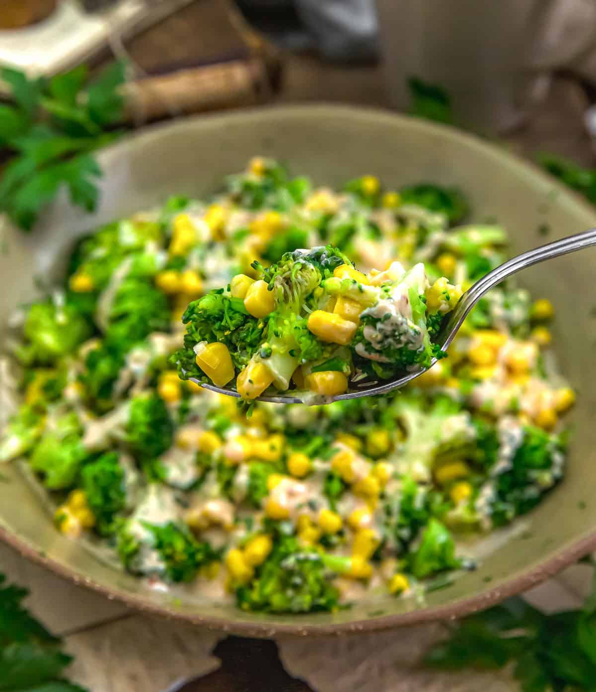 Spoonful of Spicy Tahini Broccoli and Corn