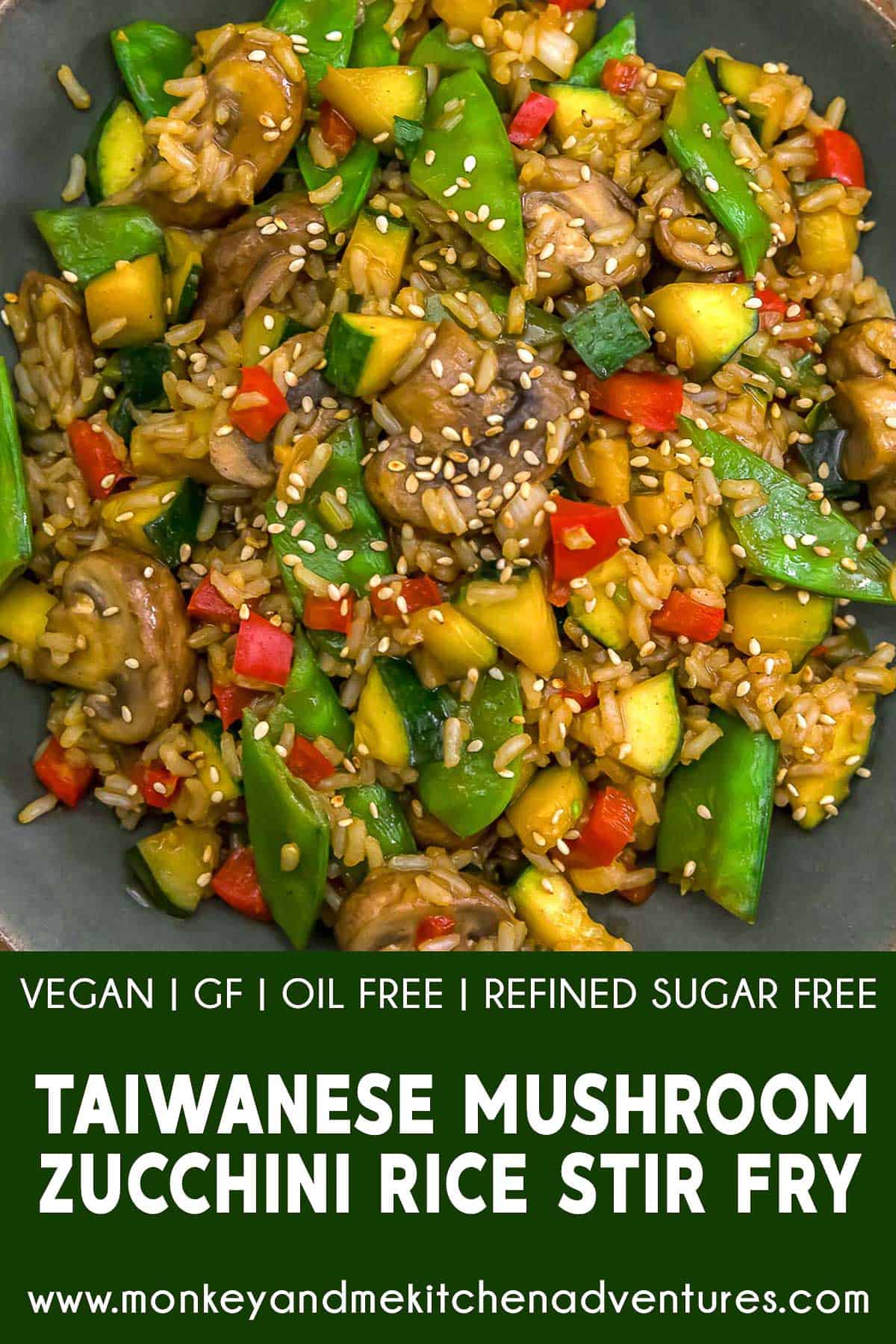 Taiwanese Mushroom Zucchini Rice Stir Fry with text description