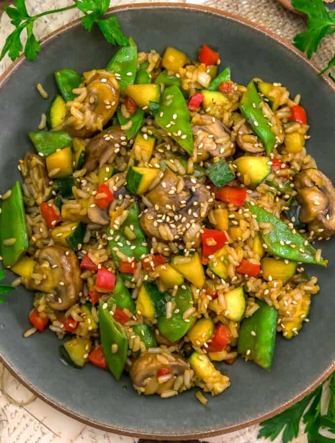 Bowls of Taiwanese Mushroom Zucchini Rice Stir Fry