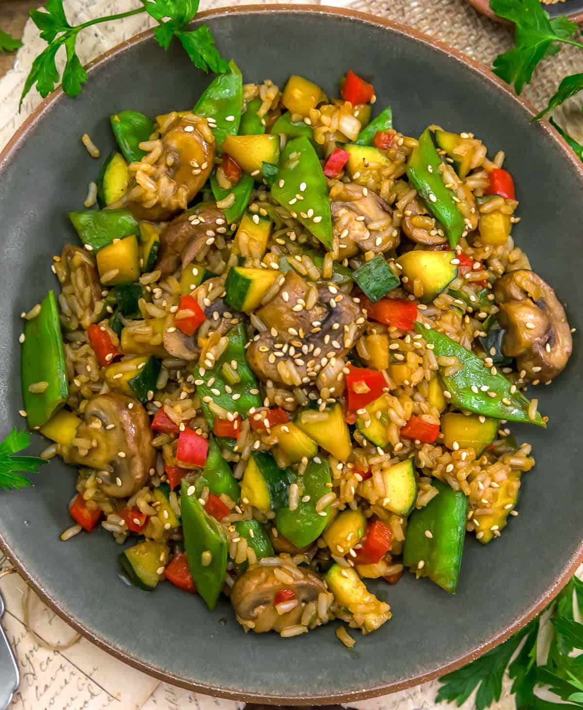 Bowls of Taiwanese Mushroom Zucchini Rice Stir Fry