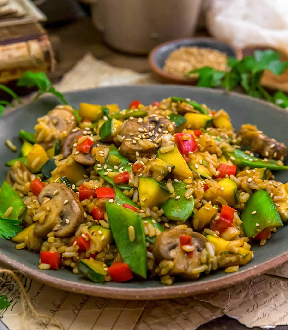 Close up of Taiwanese Mushroom Zucchini Rice Stir Fry