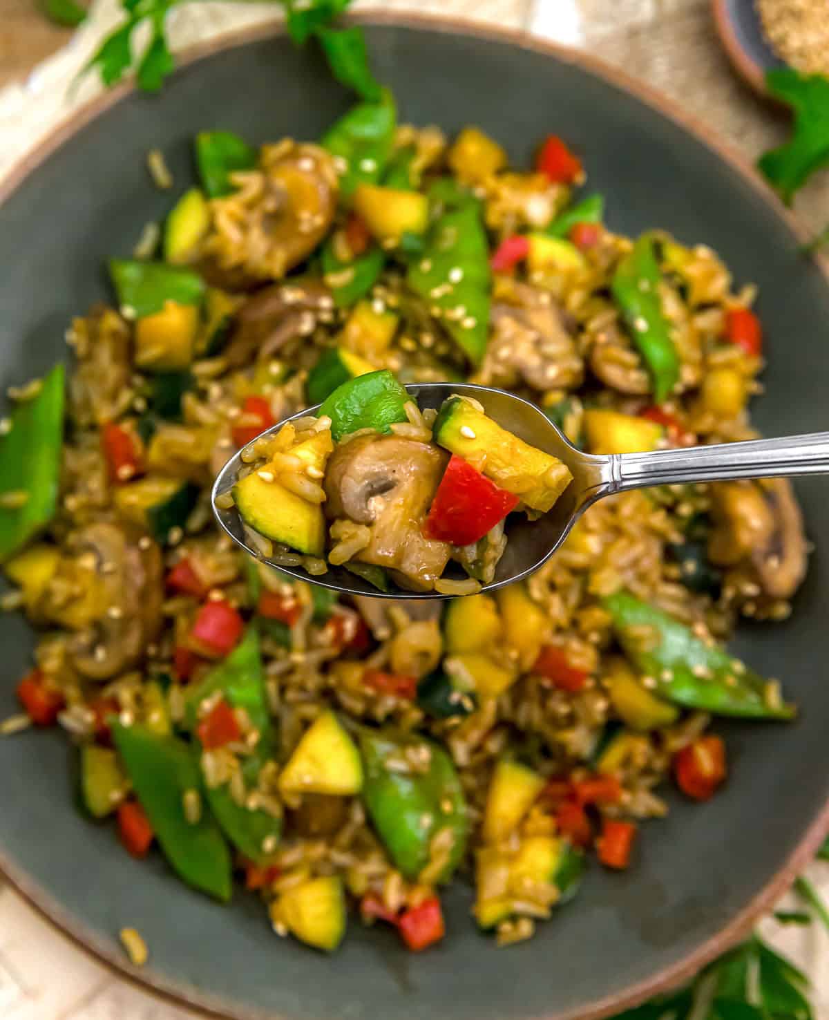 Spoonful of Taiwanese Mushroom Zucchini Rice Stir Fry