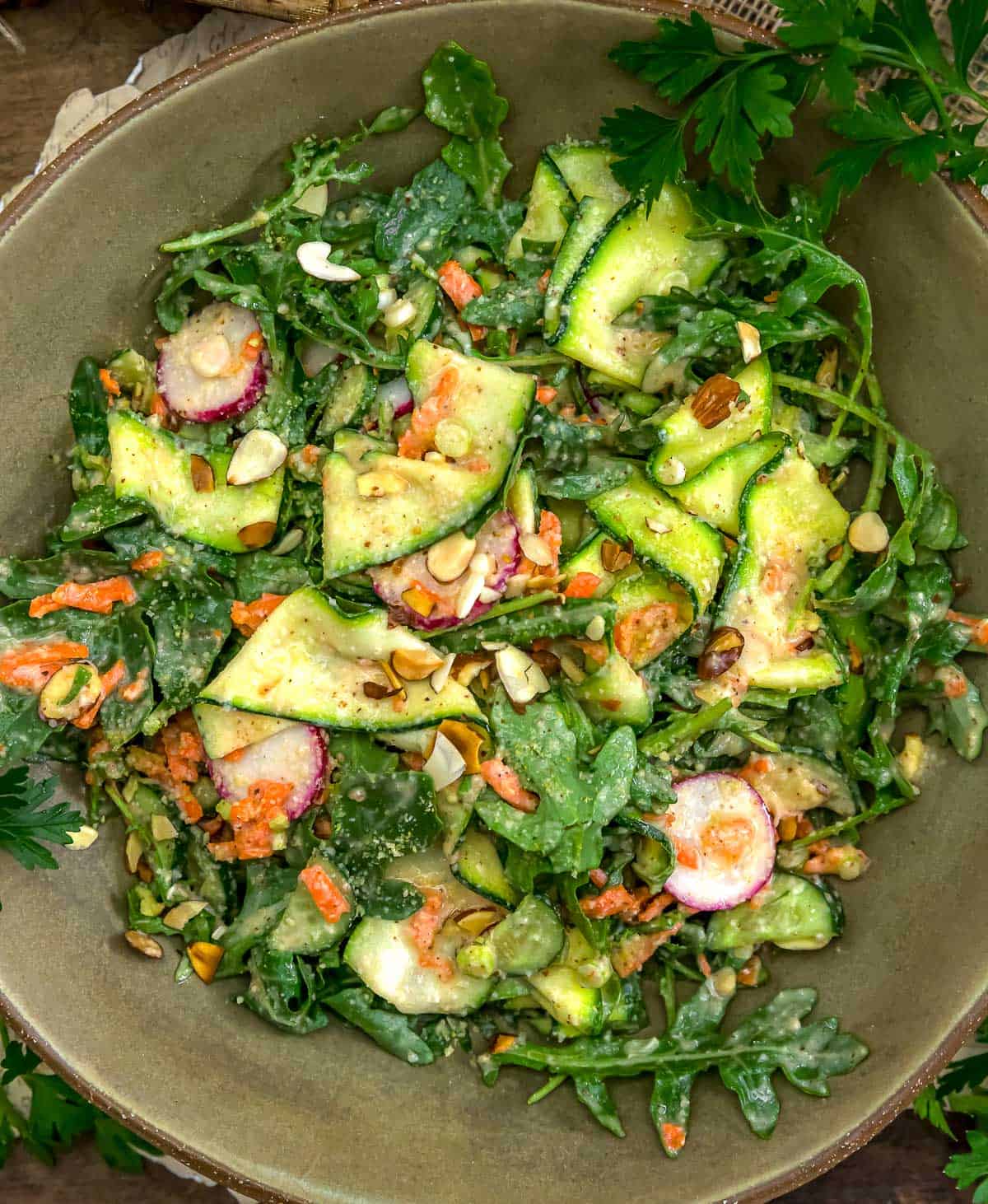 Bowl of Vegan Lemon Parmesan Zucchini Salad