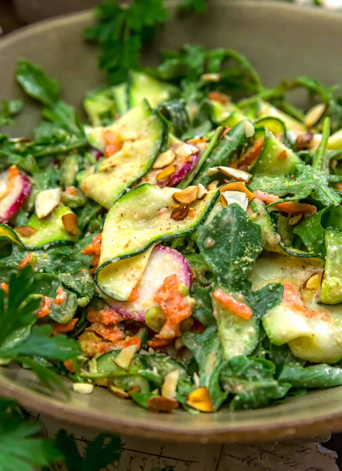 Close up of Vegan Lemon Parmesan Zucchini Salad