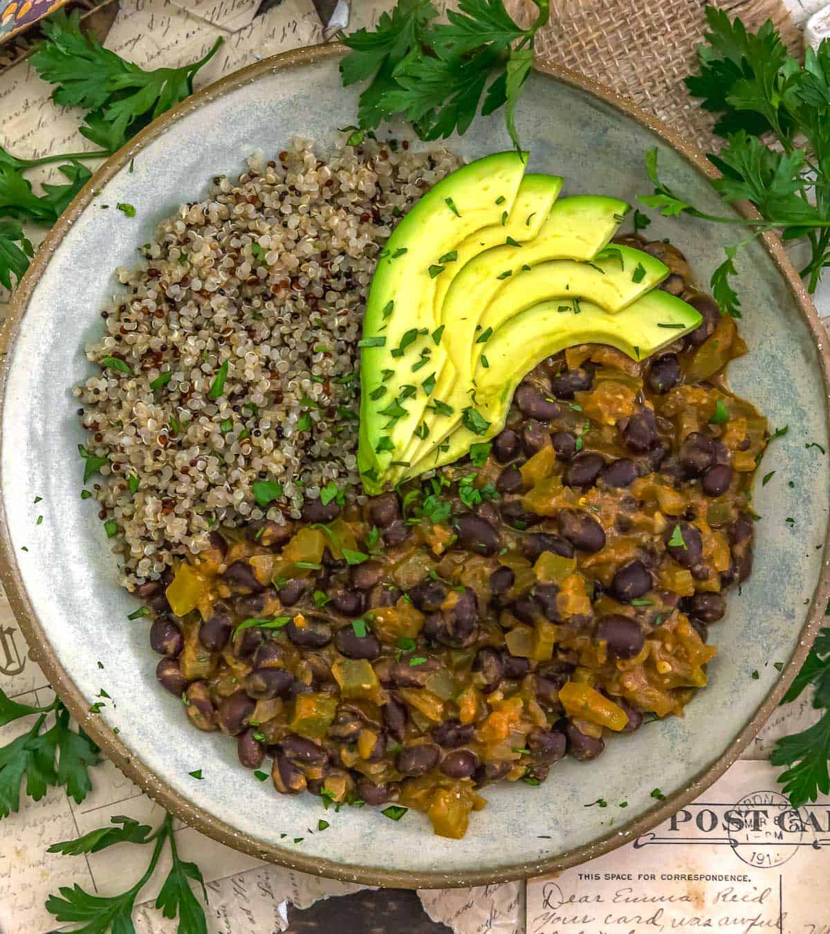 Chipotle Black Bean Skillet with quinoa and avocados