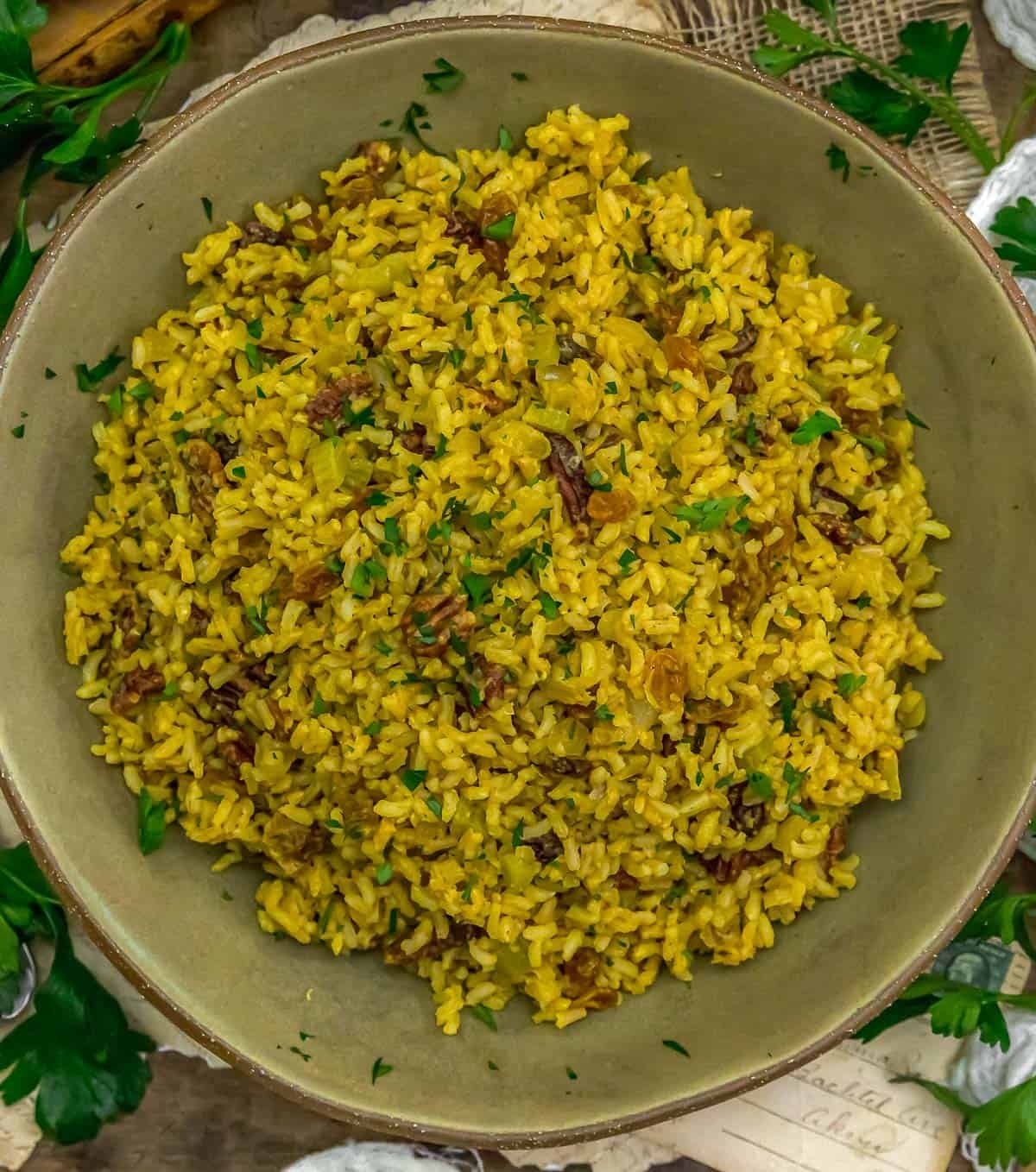 Bowl of Curried Rice Pecan Stuffing