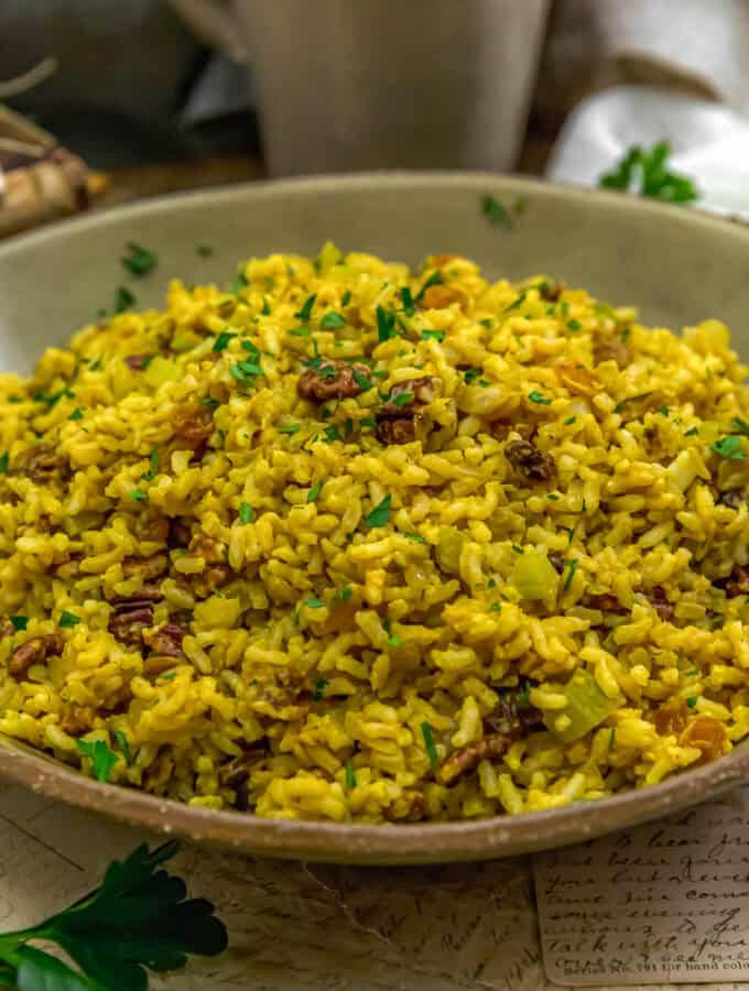Close up of Curried Rice Pecan Stuffing