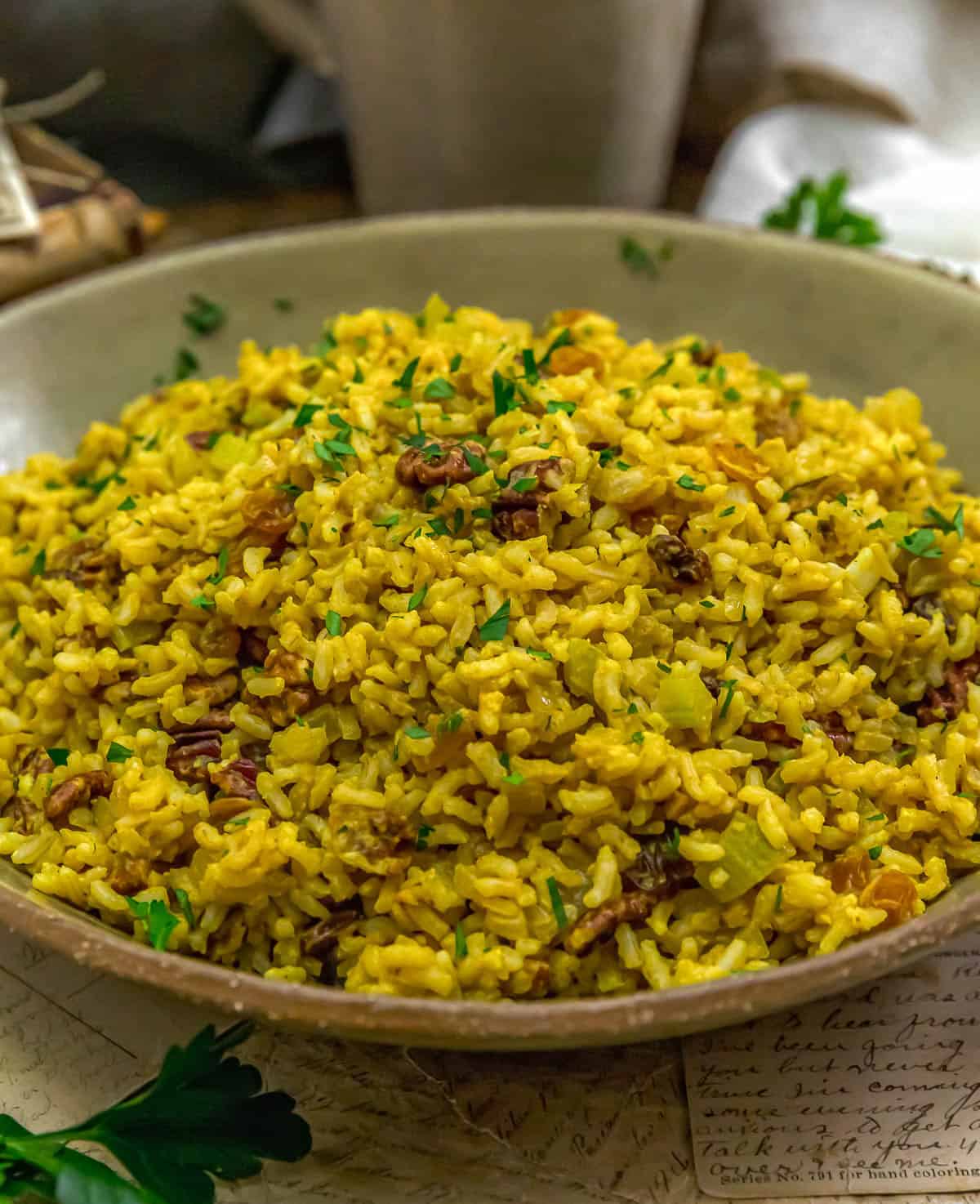 Close up of Curried Rice Pecan Stuffing