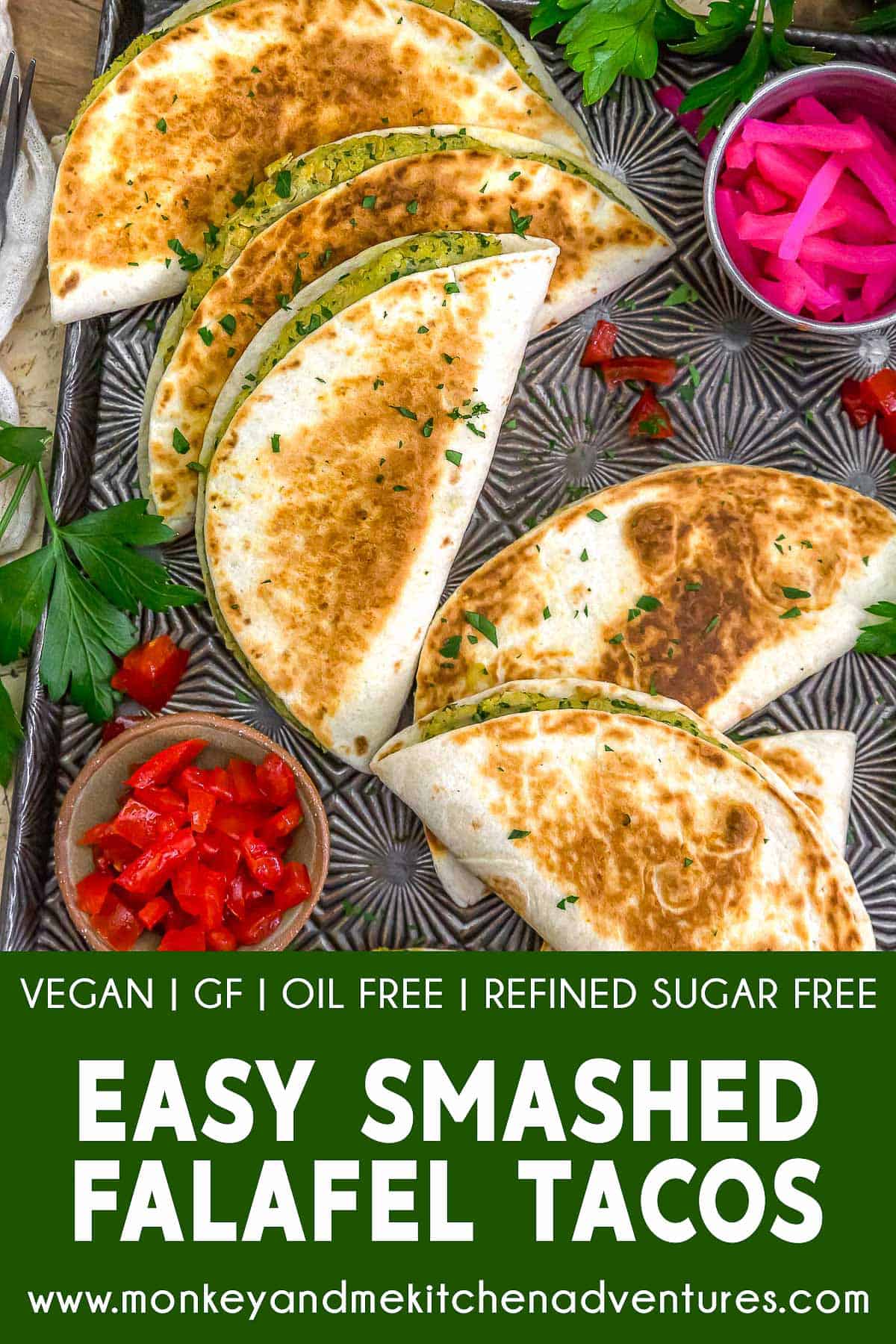 Easy Smashed Falafel Tacos with text description