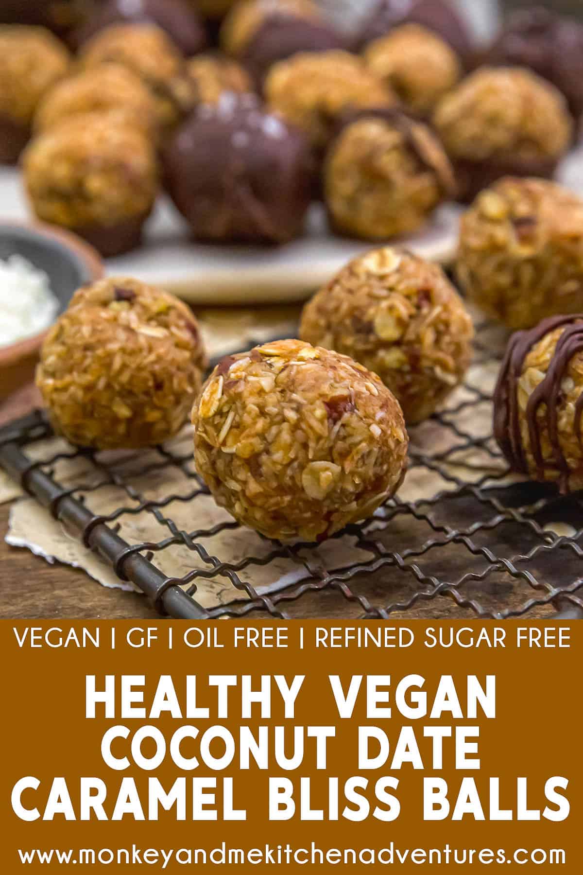 Healthy Vegan Coconut Date Caramel Bliss Balls with text description