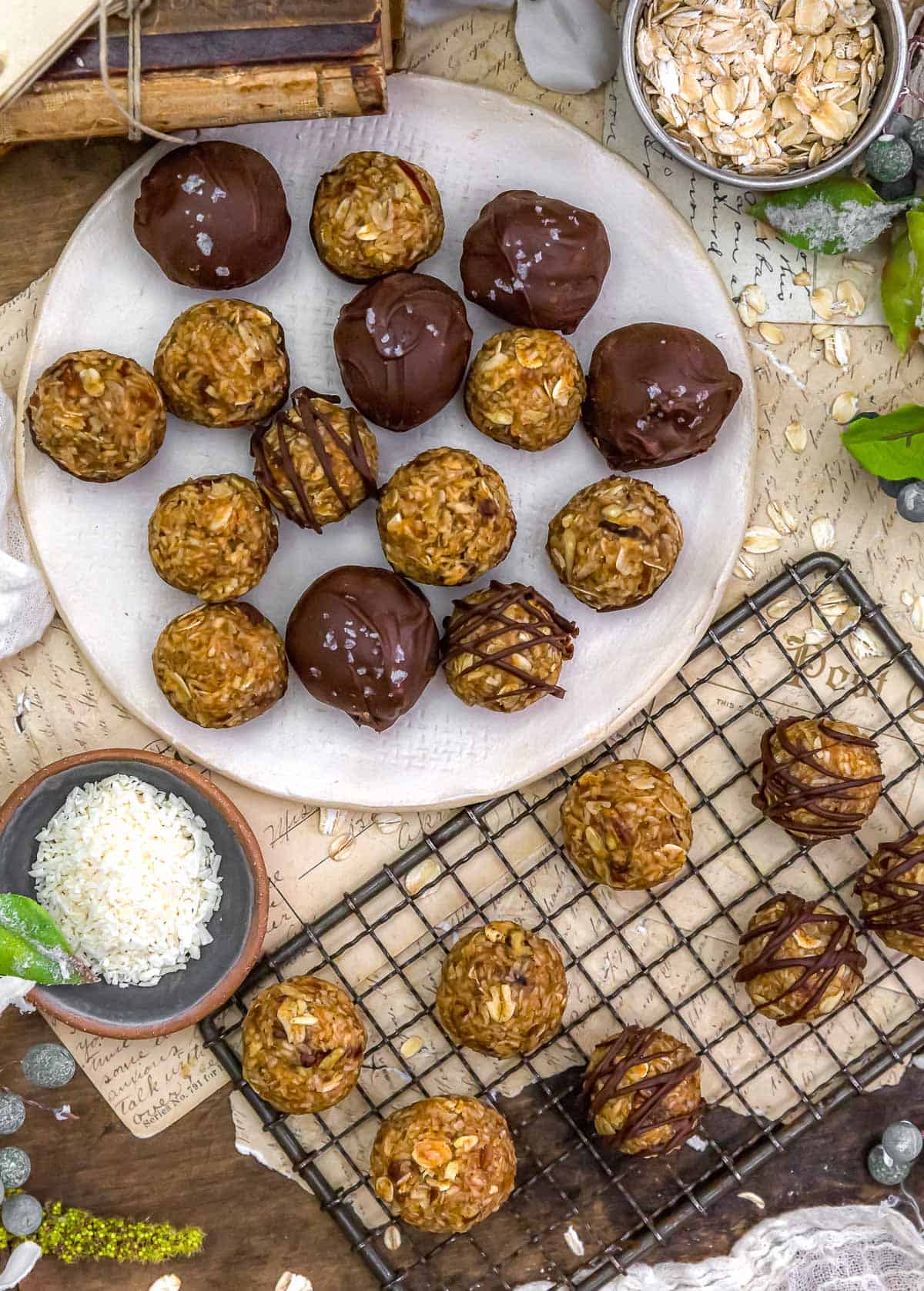 Tablescape of Healthy Vegan Coconut Date Caramel Bliss Balls